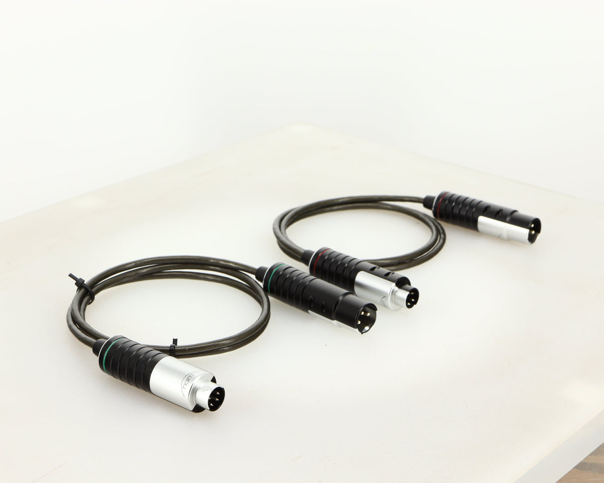 Front left angle of used Naim Super Lumina 4PIN DIN-XLR Interconnect Cables in a black finish