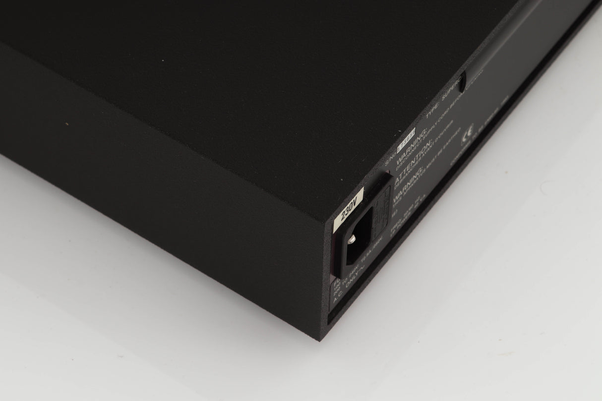 Rear right corner of a used Naim Supercap Power Supply in a black finish