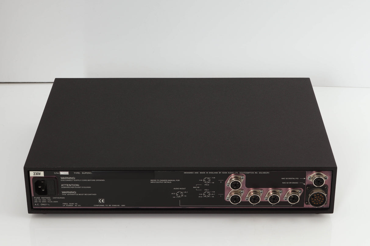 Rear view of a used Naim Supercap Power Supply in a black finish showing Mains Input