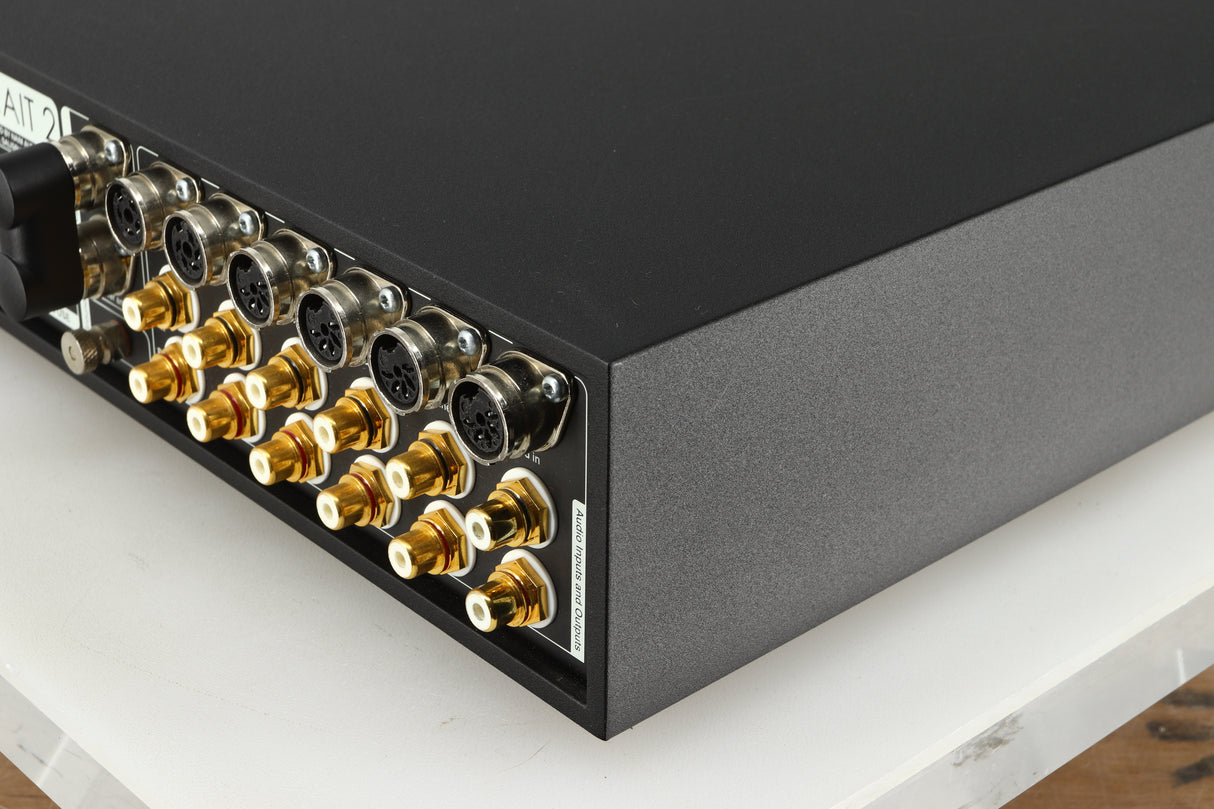 Rear left corner of a used Naim Supernait 2 Integrated Amplifier in a black finish