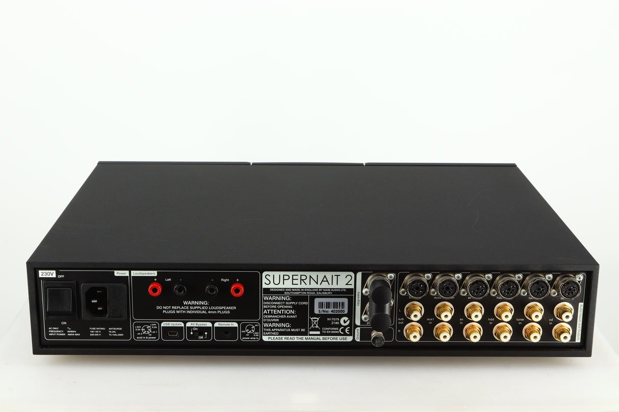 Rear view of a used Naim Supernait 2 Integrated Amplifier in a black finish showing Mains Input and Audio Inputs / Outputs