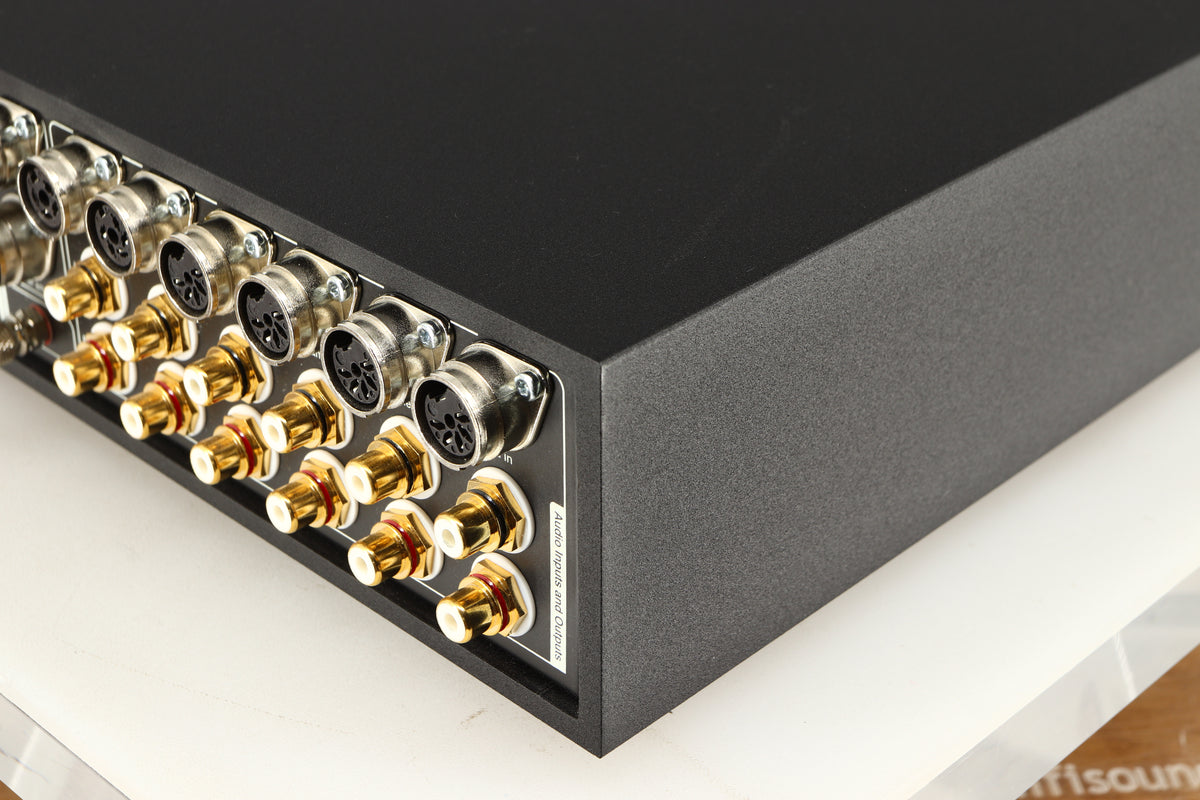 Rear left corner of a used Naim Supernait 3 Integrated Amplifier in a black finish