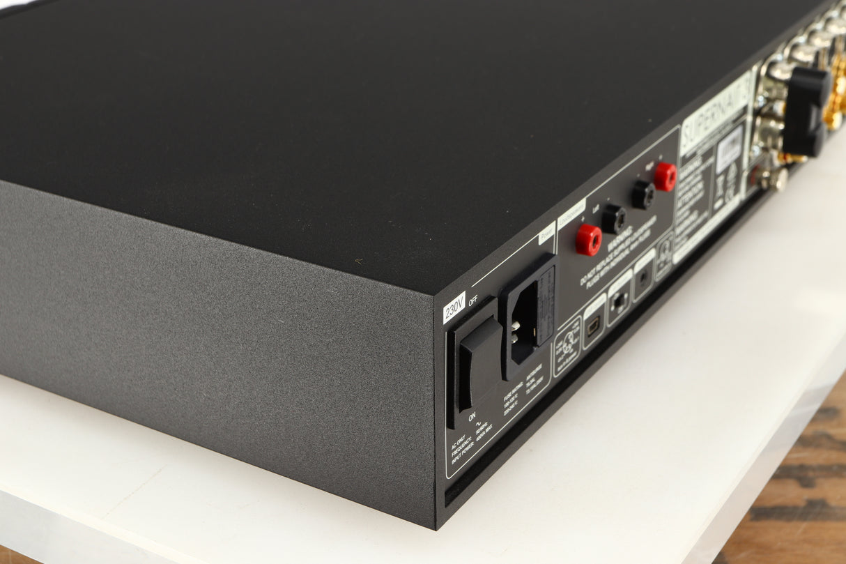 Rear right corner of a used Naim Supernait 3 Integrated Amplifier in a black finish
