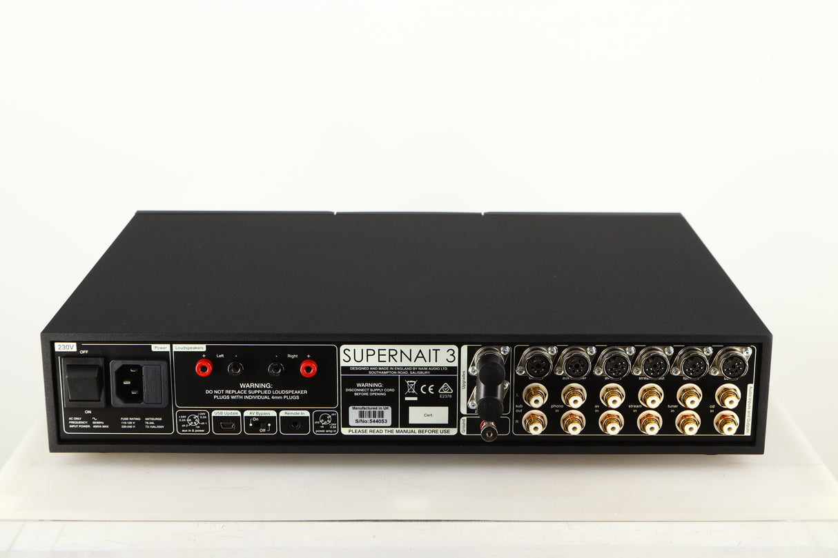 Rear view of a used Naim Supernait 3 Integrated Amplifier in a black finish showing Phono Inputs, Phono Outputs, Mains Input, USB Input and Speaker Outputs