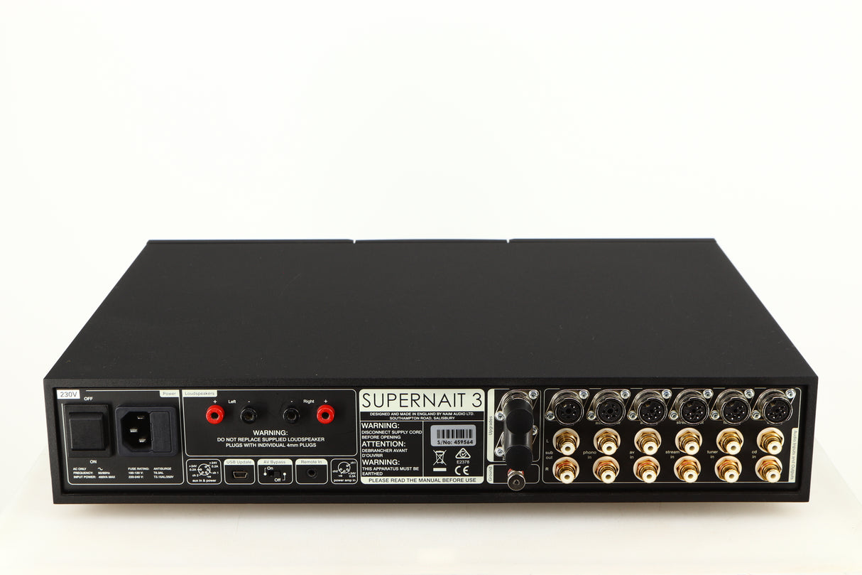 Rear view of a used Naim Supernait 3 Integrated Amplifier in a black finish showing Mains Input, Phono Inputs, Phono Outputs and USB Input