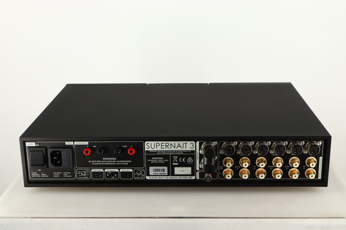 Rear view of a used Naim Supernait 3 Integrated Amplifier in a black finish showing Phono Inputs, Phono Outputs, USB Input, Speaker Outputs and Mains Input