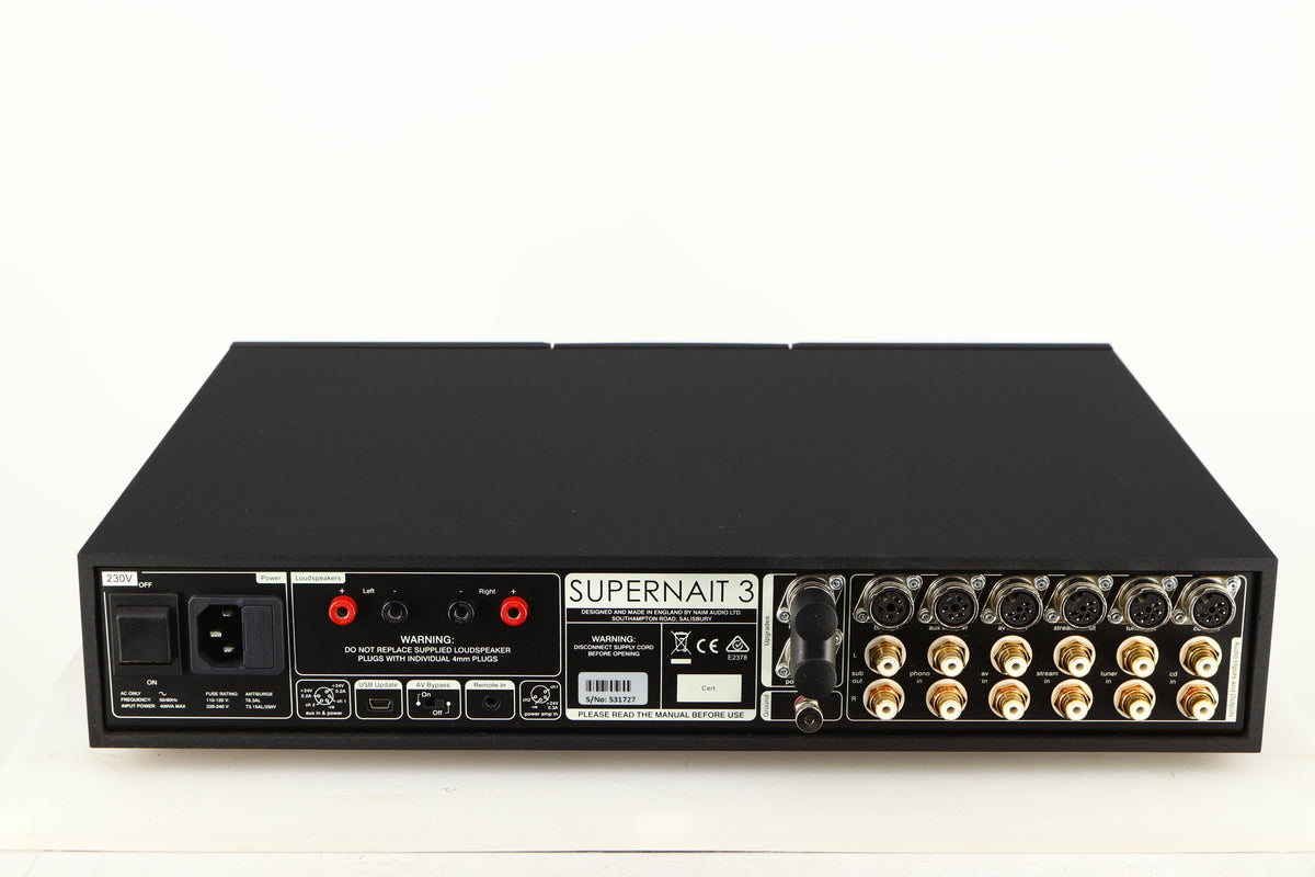 Rear view of a used Naim Supernait 3 Integrated Amplifier in a black finish showing Mains Input, Phono Inputs, Phono Outputs and USB Input