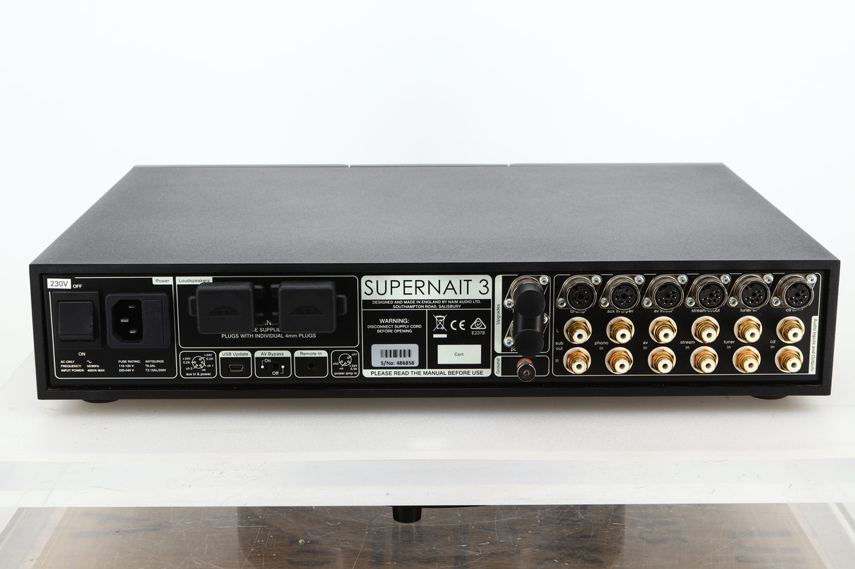 Rear view of a used Naim SUPERNAIT 3 Integrated Amplifier showing speaker outputs, mains, SNAIC, and RCA outputs
