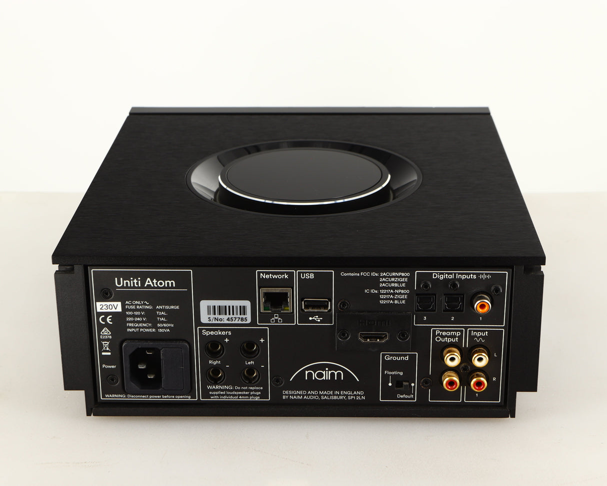 Rear view of a used Naim Uniti Atom HDMI Integrated System in a black finish showing Mains Input, USB Input, Network Input, Phono Inputs, Phono Outputs, Optical Inputs, Speaker Outputs and HDMI Output