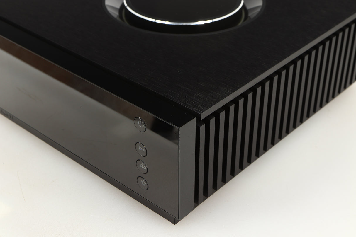 Front right corner of a used Naim Uniti Atom Headphone Edition Streaming Amplifier in a black finish
