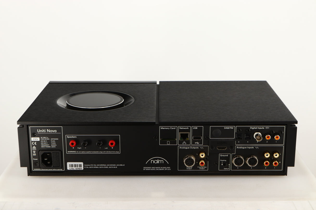 Rear view of a used Naim Uniti Nova Integrated System in a black finish showing Mains Input, Speaker Outputs, Phono Inputs, Phono Outputs, XLR Inputs, XLR Output, Optical Inputs, USB Input and Network Input
