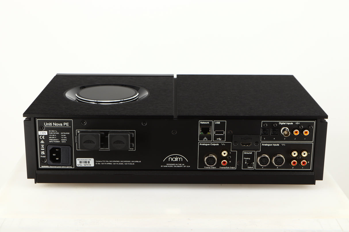Rear view of a Naim Uniti Nova Power Edition Streaming System in a black finish showing HDMI Input, Mains Input, XLR Inputs, XLR Output, USB Input, Network Input, Phono Inputs and Phono Outputs