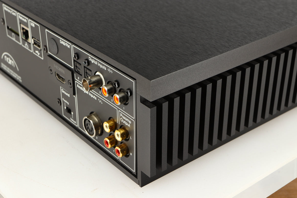 Rear left corner of a used Naim Uniti Star Integrated Music System in a black finish