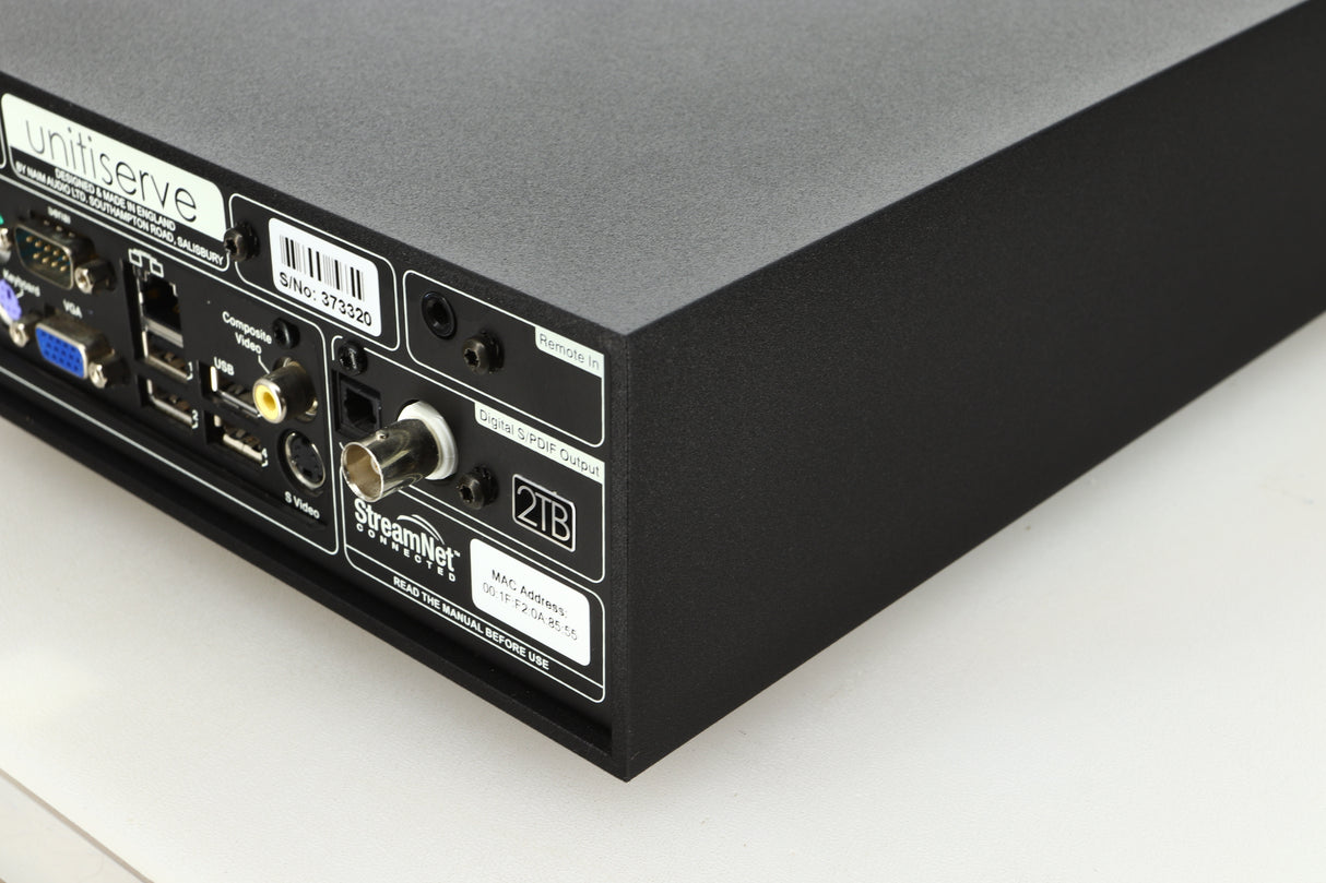 Close up view of a used Naim Unitiserve 2TB Music Server back right corner