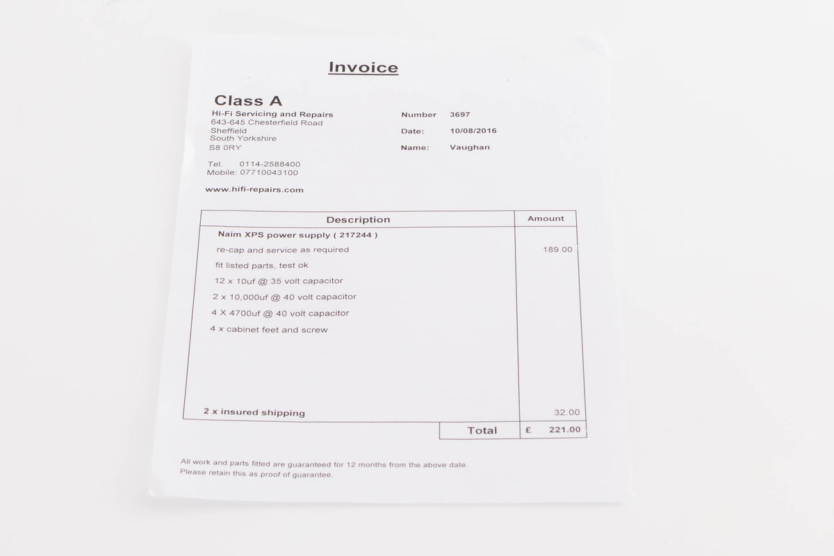 Invoice for a Naim XPS-2 Power Supply in a Black finish