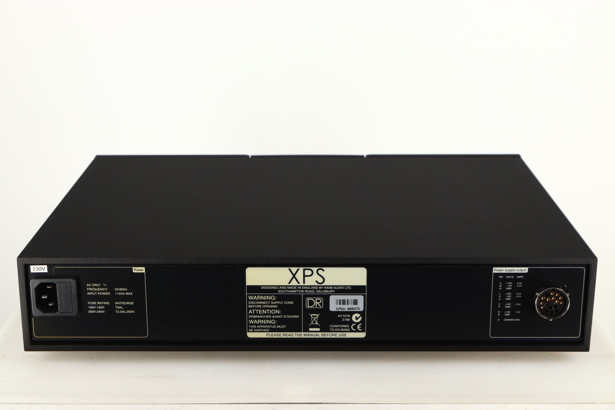 Rear view of a used Naim XPS DR Power Supply in a black finish showing Mains Input and Power Supply Output