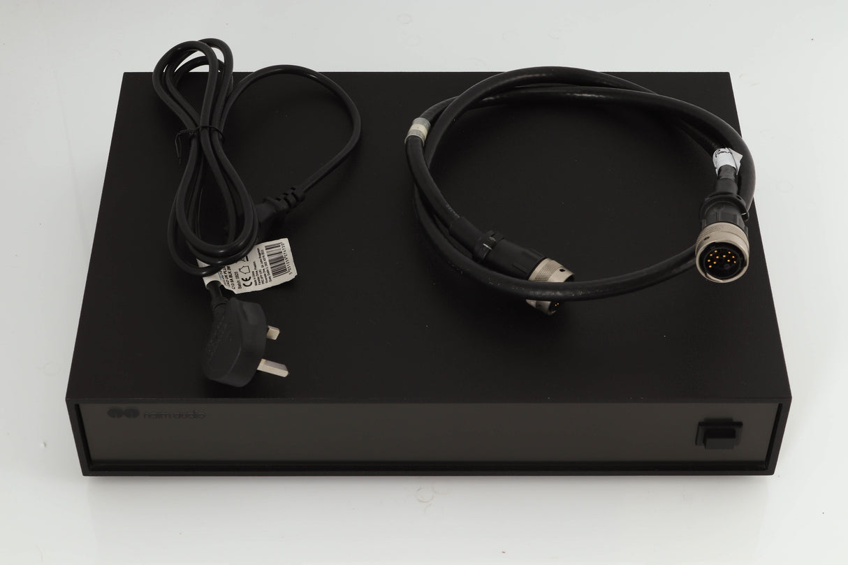 Top of a used Naim XPS Power Supply in a black finish showing Mains Cable and Burndy Cable