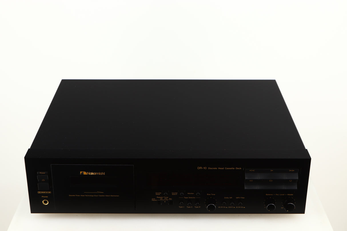 Top of a used Nakamichi DR-10 Cassette Deck in a black finish