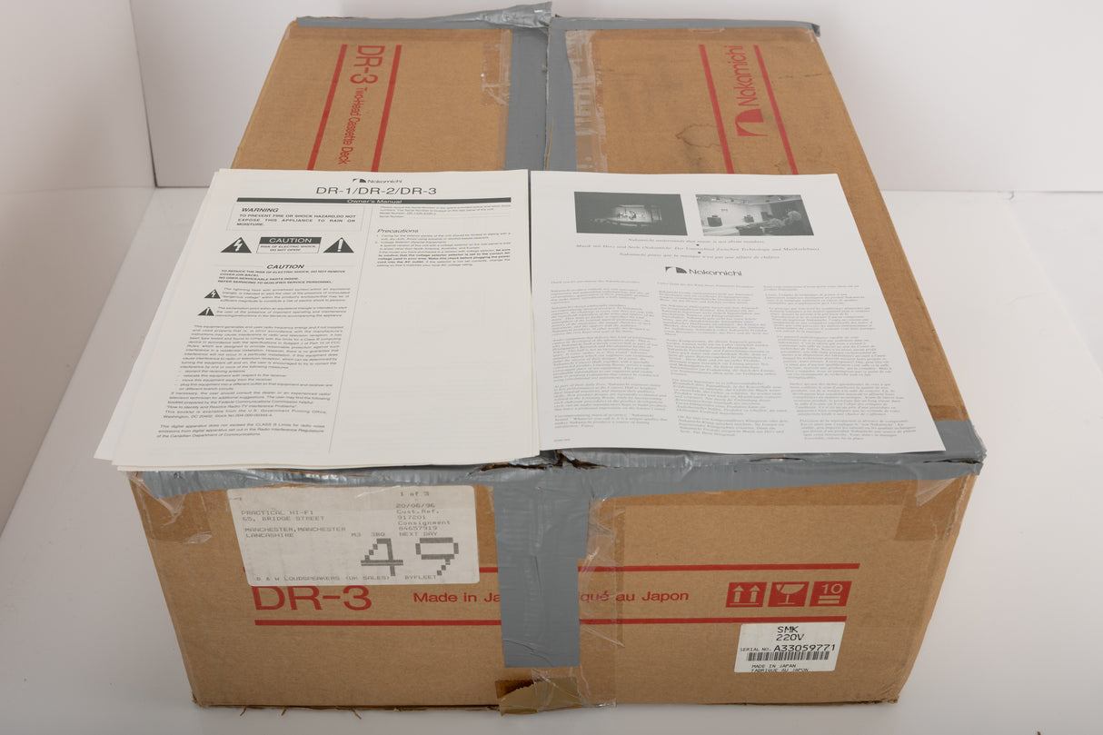 Box for a used Nakamichi DR-3 Cassette Deck in a black finish showing Manual