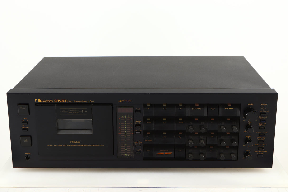 Front view of a used Nakamichi Dragon Cassette Deck in a black finish