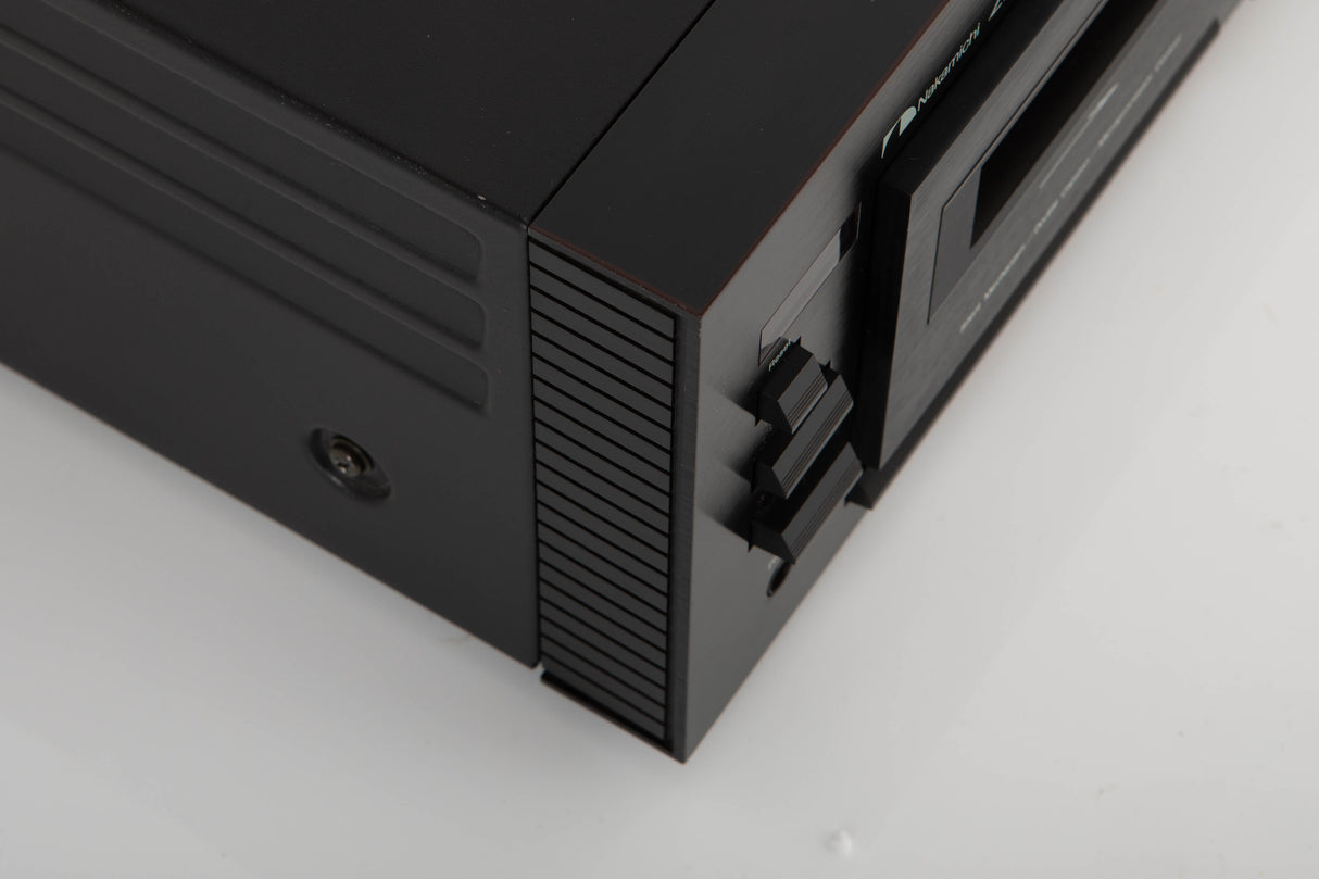 Front left corner of a used Nakamichi ZX-7 Cassette Deck in a black finish