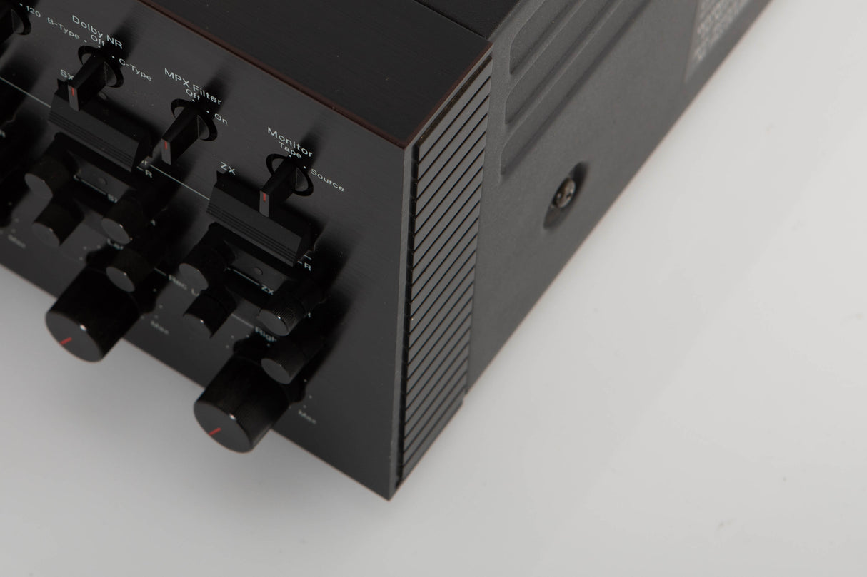 Front right corner of a used Nakamichi ZX-7 Cassette Deck in a black finish