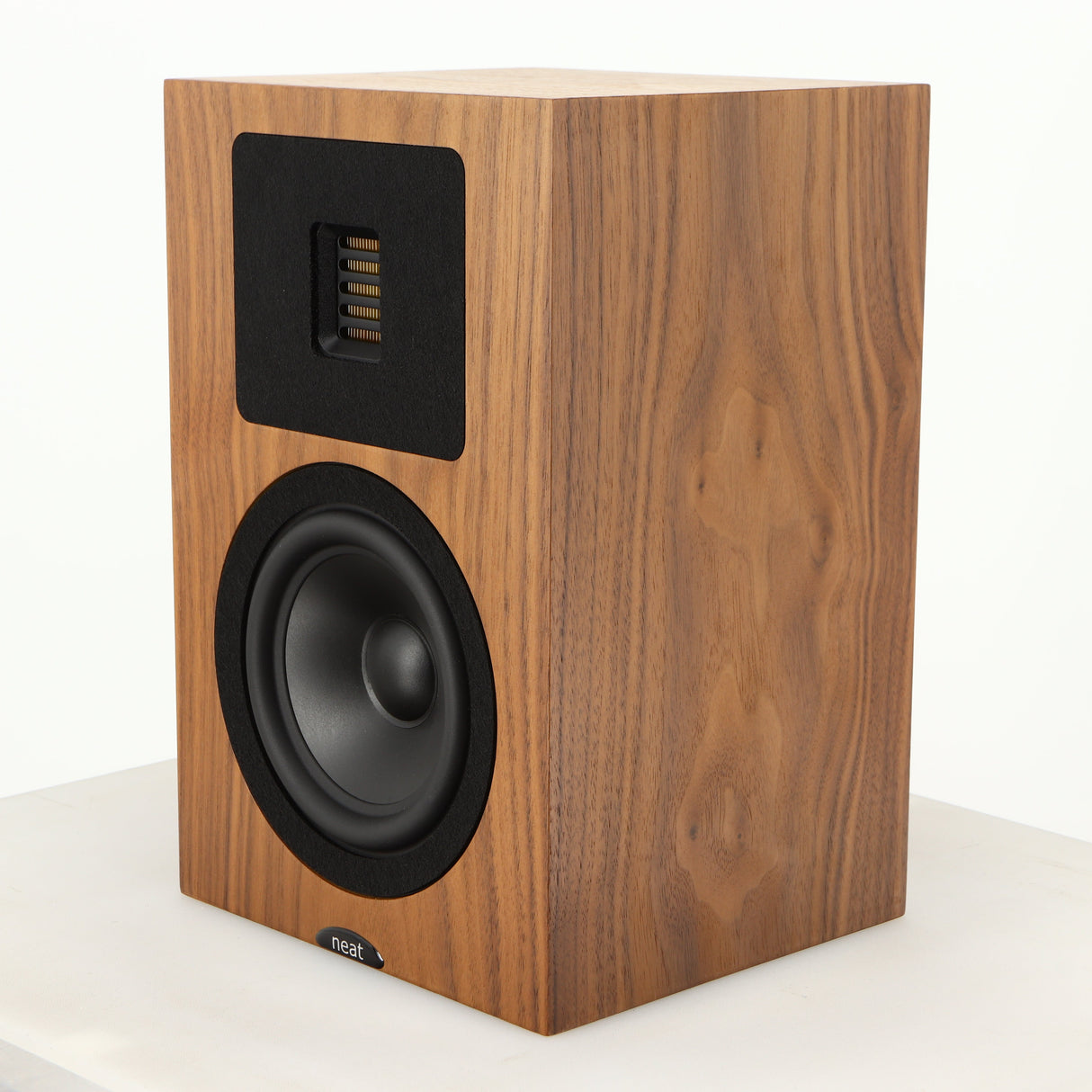 Front right corner of a used Neat Petite Classic Standmount Speaker in a walnut finish