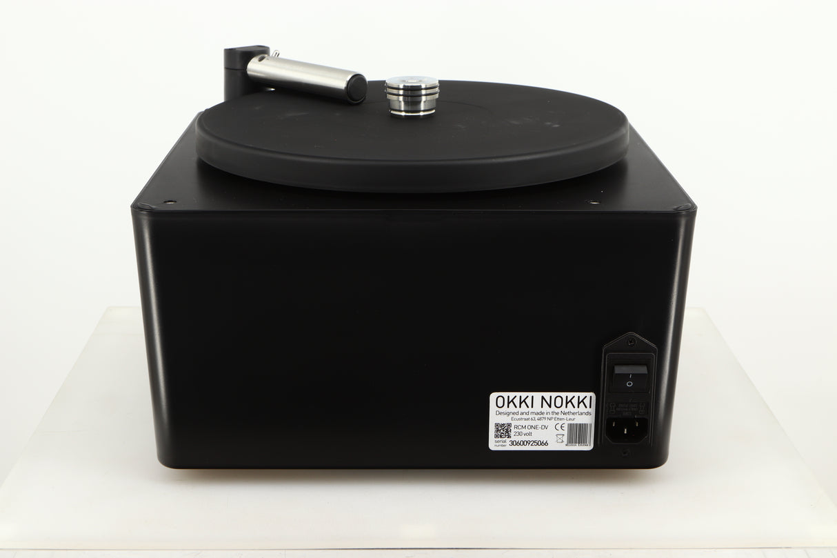 Rear view of a used Okki Nokki One Record Cleaning Machine in a black finish showing Mains Input