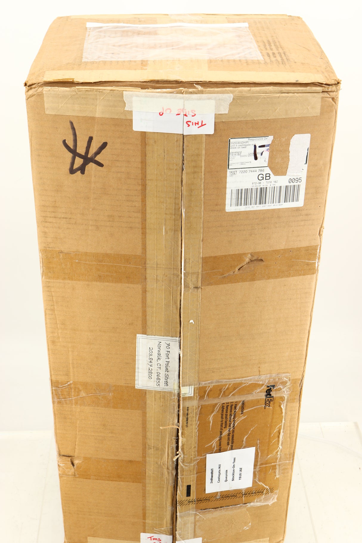 Box for a used Omega Super 3XRS Floorstanding Speaker in a walnut finish