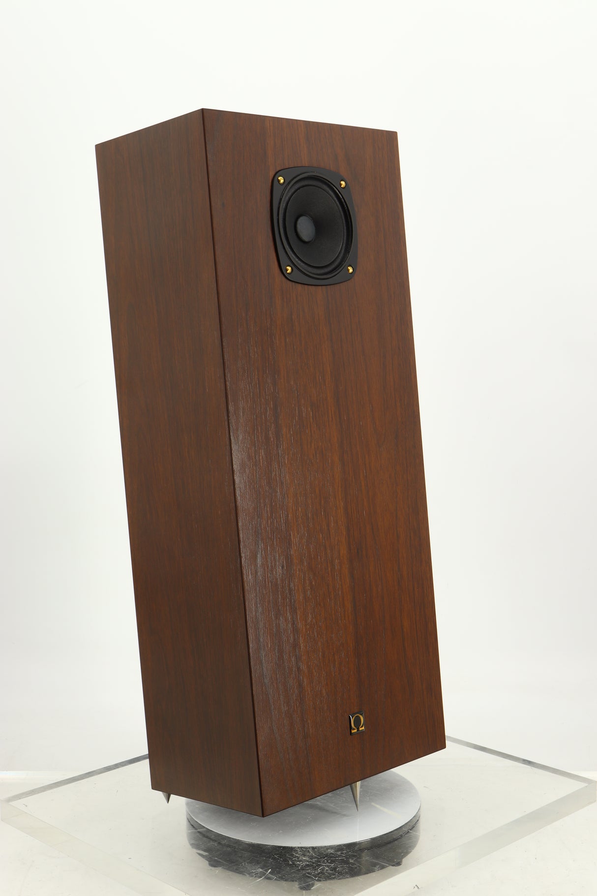 Front left angle of a used Omega Super 3XRS Floorstanding Speaker in a walnut finish
