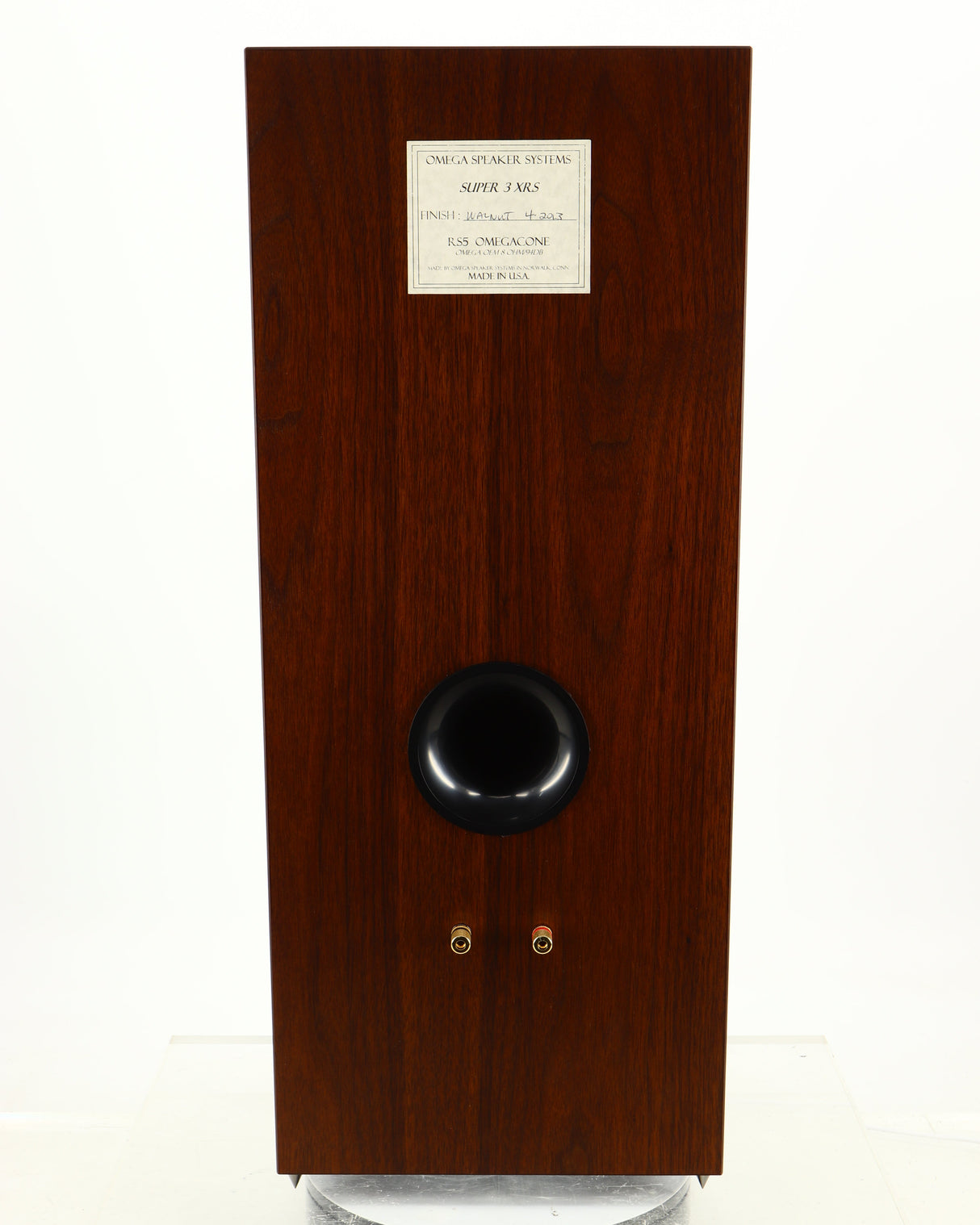 Rear view of a used Omega Super 3XRS Floorstanding Speaker in a walnut finish
