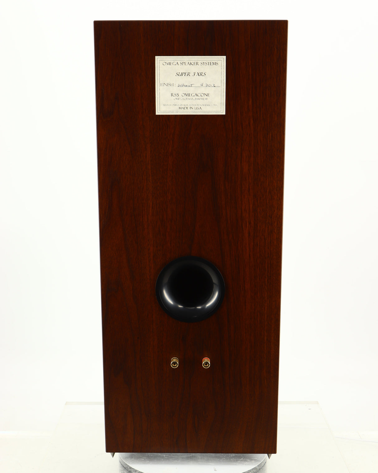 Rear view of a used Omega Super 3XRS Floorstanding Speaker in a walnut finish