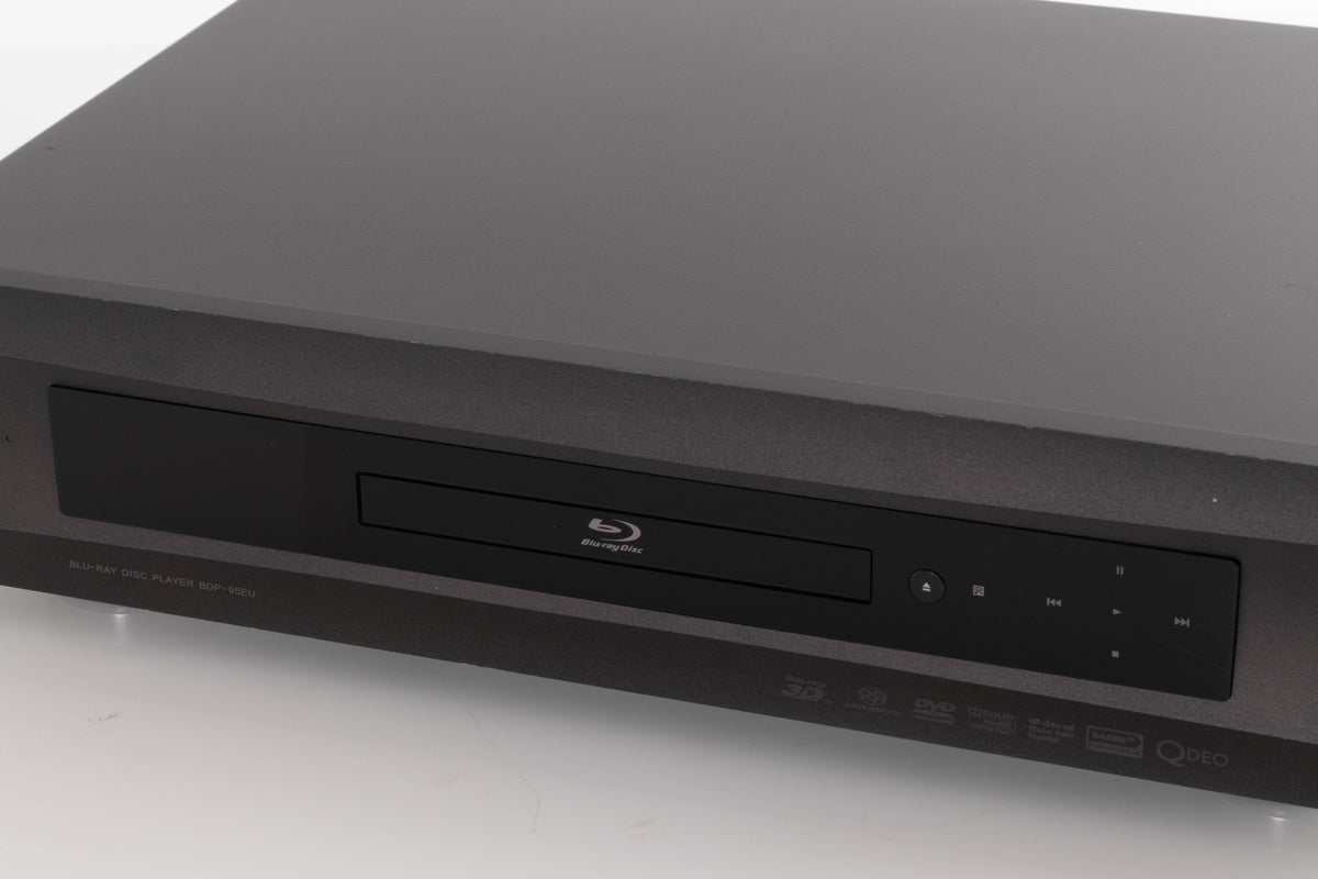 Close up of a used Oppo BDP-95EU Blu-Ray Player in a Black finish showing scratches on screen