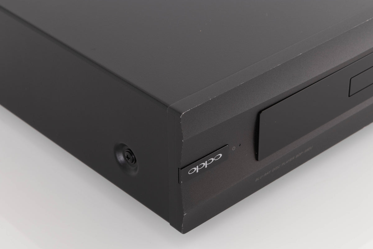 Front left corner of a used Oppo BDP-95EU Blu-Ray Player in a Black finish