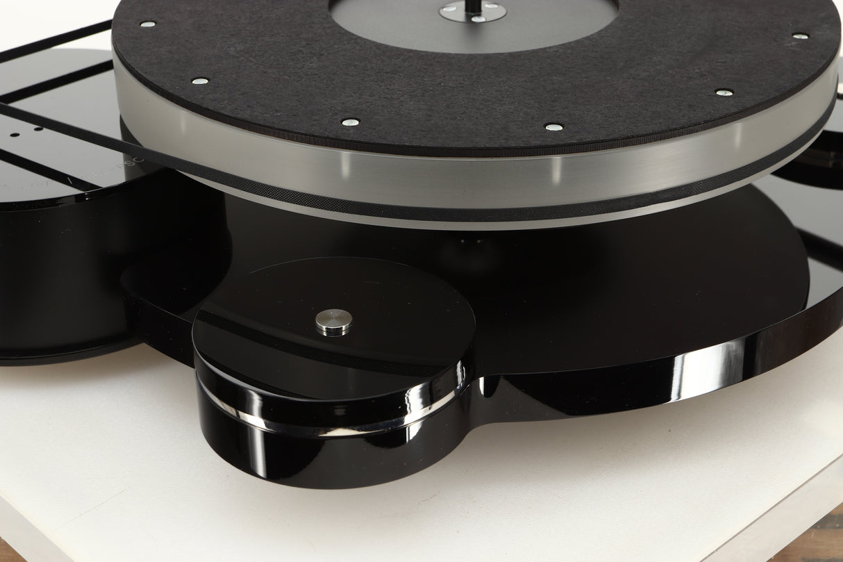Front left corner view of a used Origin Live Calypso Mk5 Turntable with Encounter MK5 Tonearm