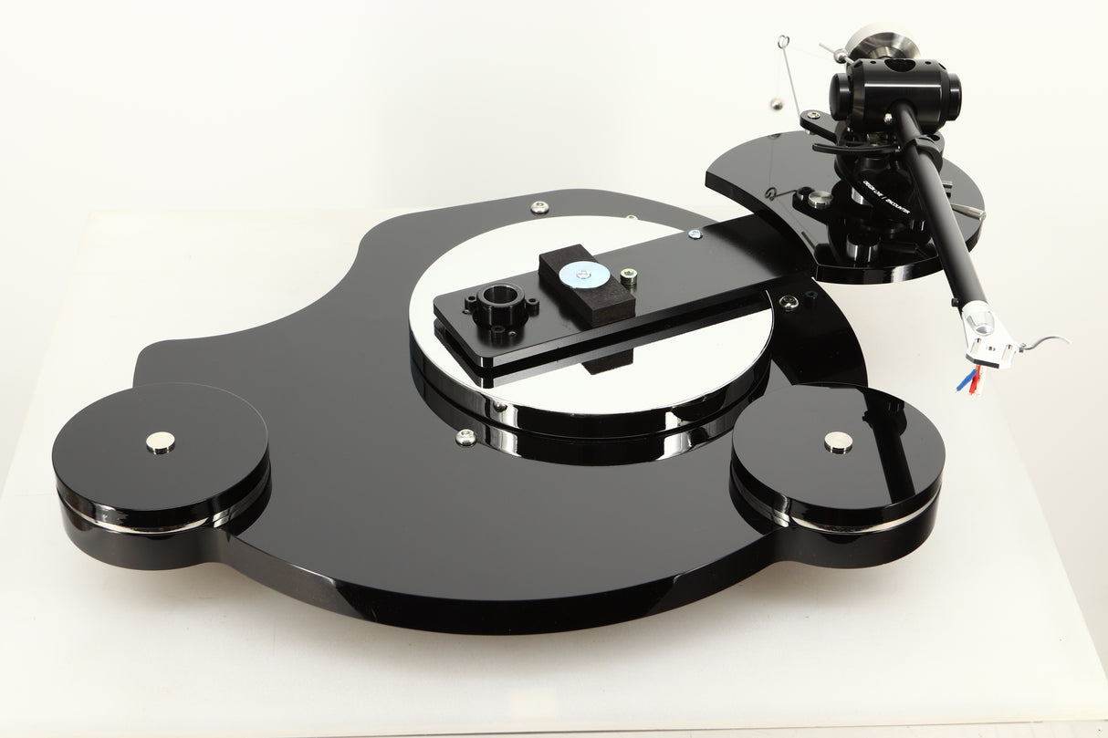 Top view of a used Origin Live Calypso Mk5 Turntable with Encounter MK5 Tonearm without the platter