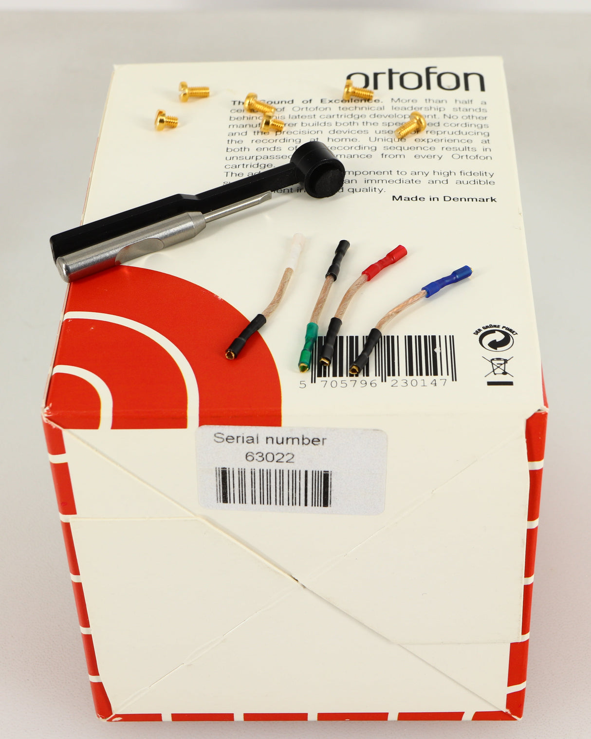 Box for a used Ortofon Cadenza MC Cartridge in a black finish showing Brush, Screwdriver and Screws