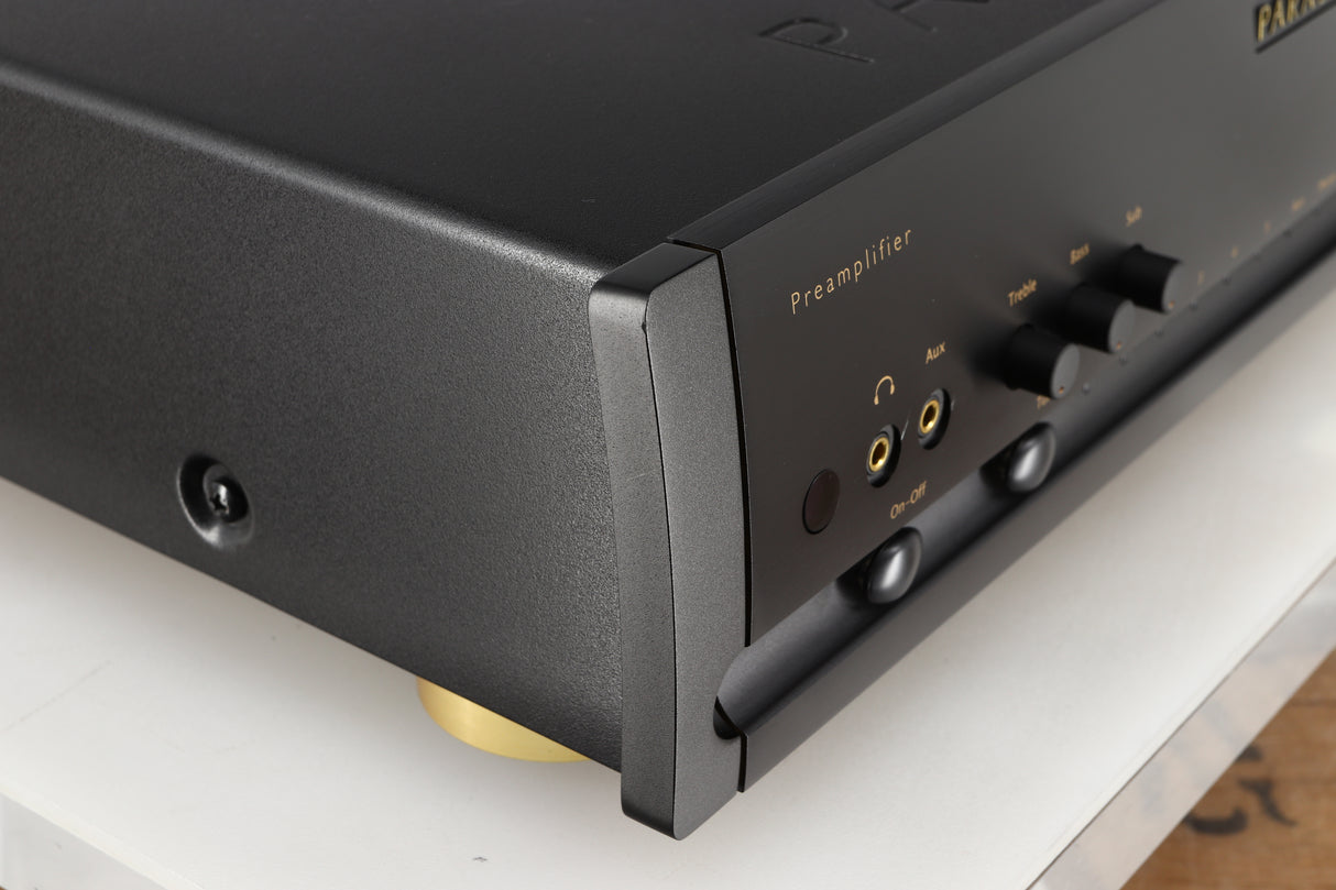 Front left corner of a used Parasound Halo P6 Pre Amplifier in a black finish