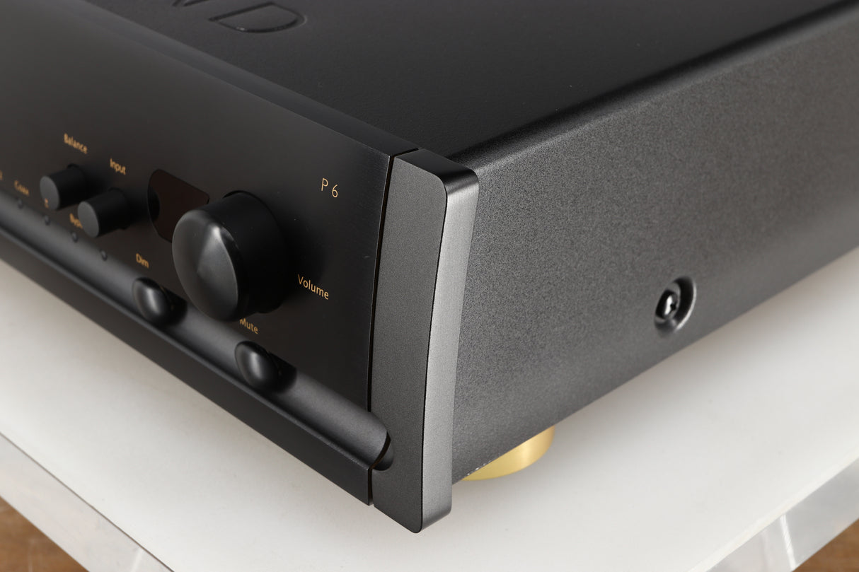 Front right corner of a used Parasound Halo P6 Pre Amplifier in a black finish