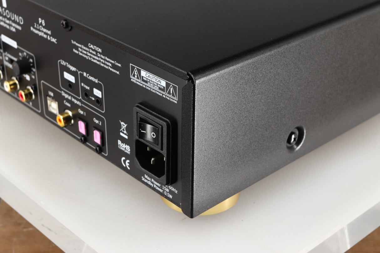 Rear left corner of a used Parasound Halo P6 Pre Amplifier in a black finish