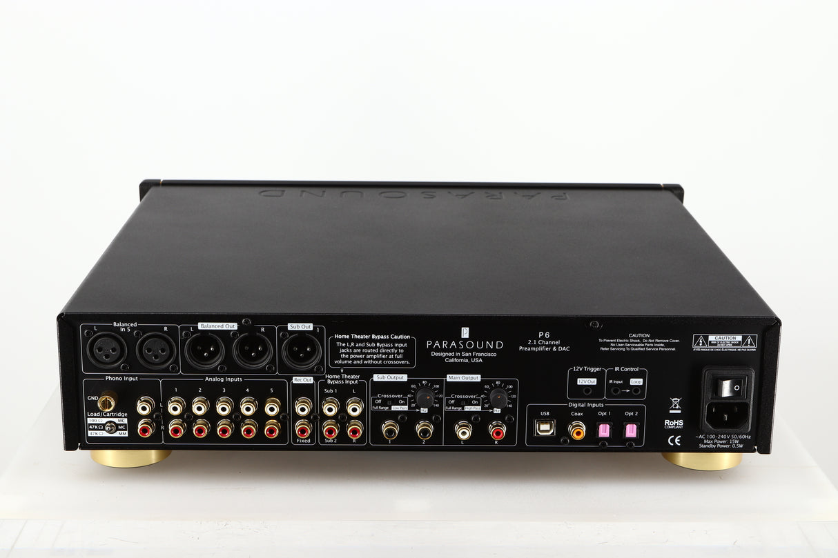 Rear view of a used Parasound Halo P6 Pre Amplifier in a black finish showing Mains Input, Phono Inputs and Outputs and Optical Inputs