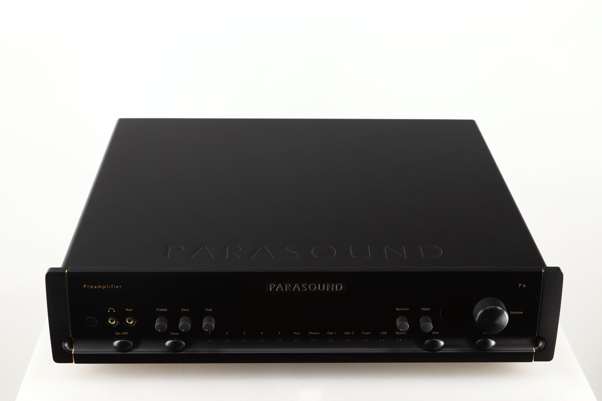 Top of a used Parasound Halo P6 Pre Amplifier in a black finish