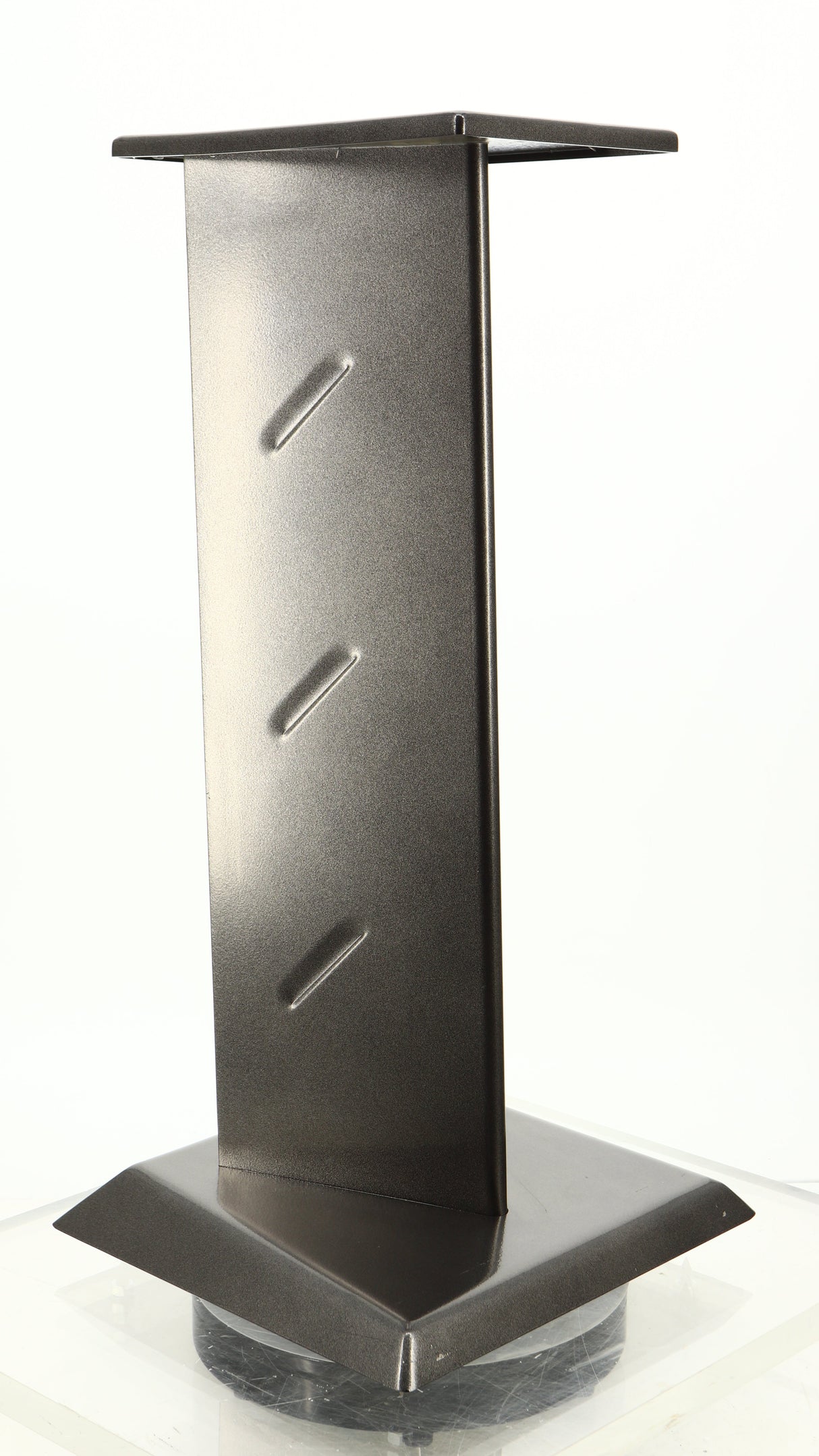 Front left corner of a used Partington Dreadnought Ultima 60cm Speaker Stand in a black mirror finish