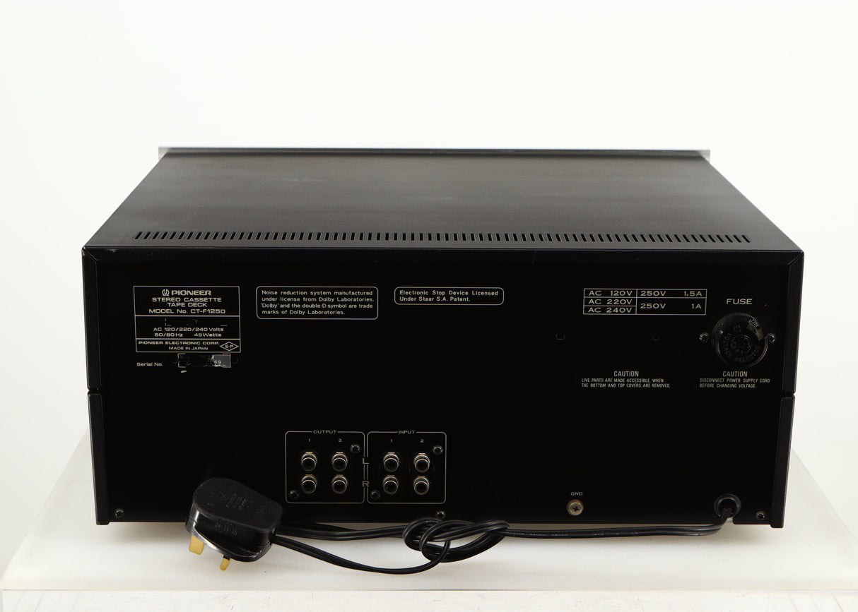Rear view of a used Pioneer CT-F1250 Cassette Deck in a silver finish showing Phono Inputs and Phono Outputs