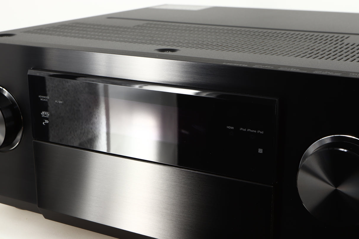 Close up of a used Pioneer SC-LX75 AV Receiver in a black finish showing scratch on screen
