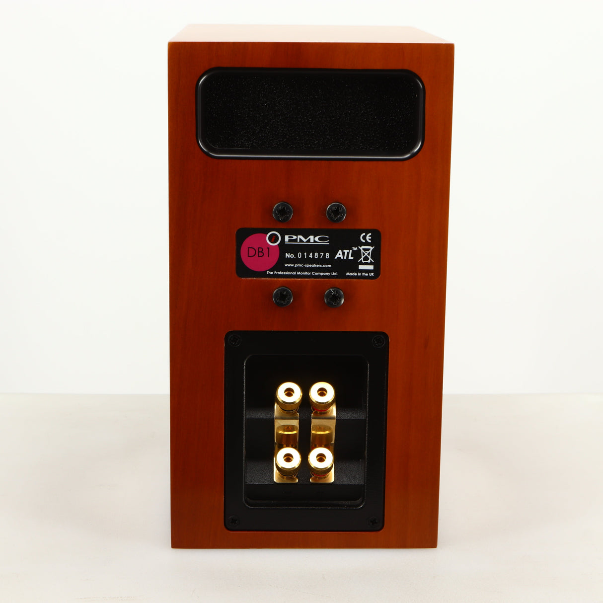 Rear view of a used PMC DB1i Standmount Speaker in a cherry finish