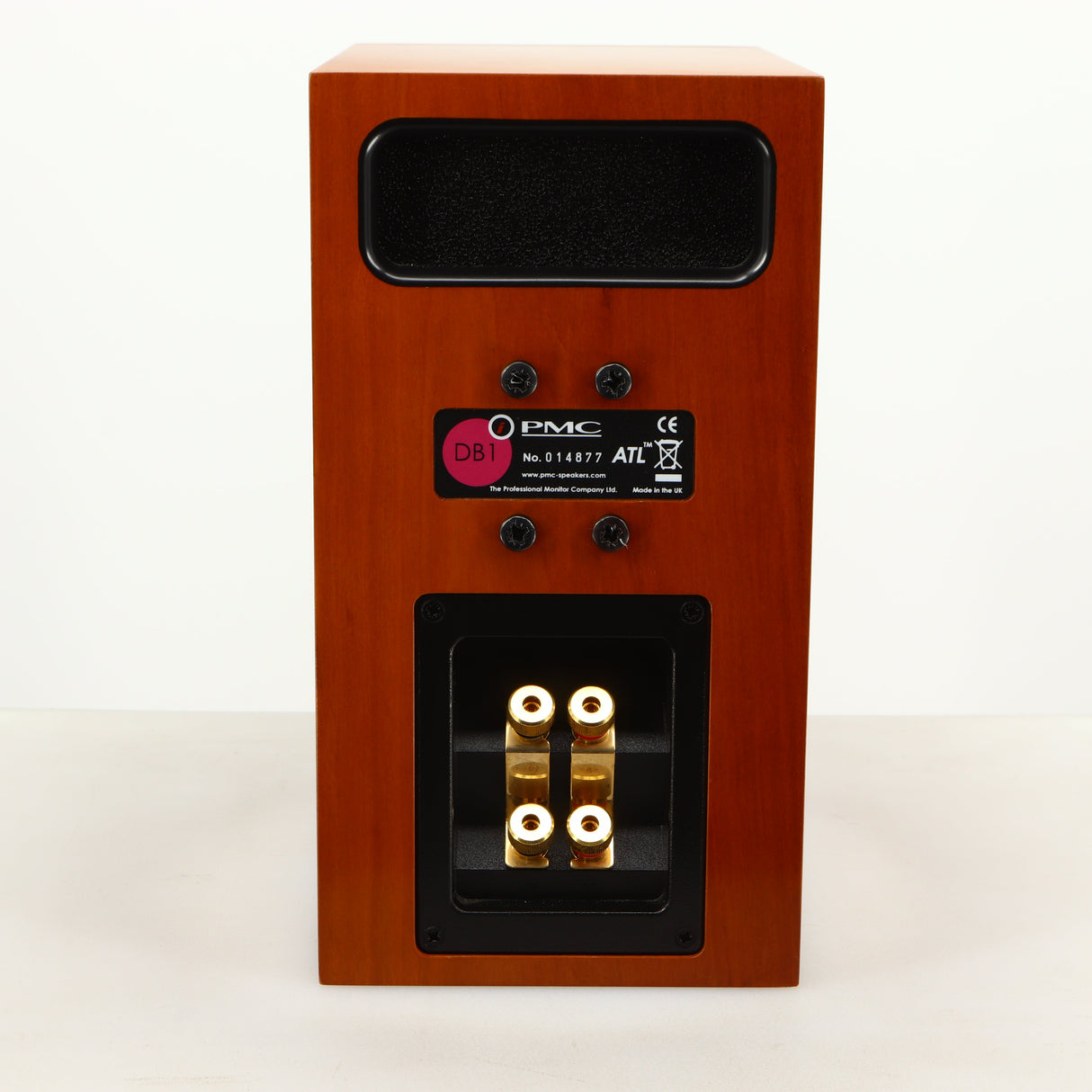 Rear view of a used PMC DB1i Standmount Speaker in a cherry finish