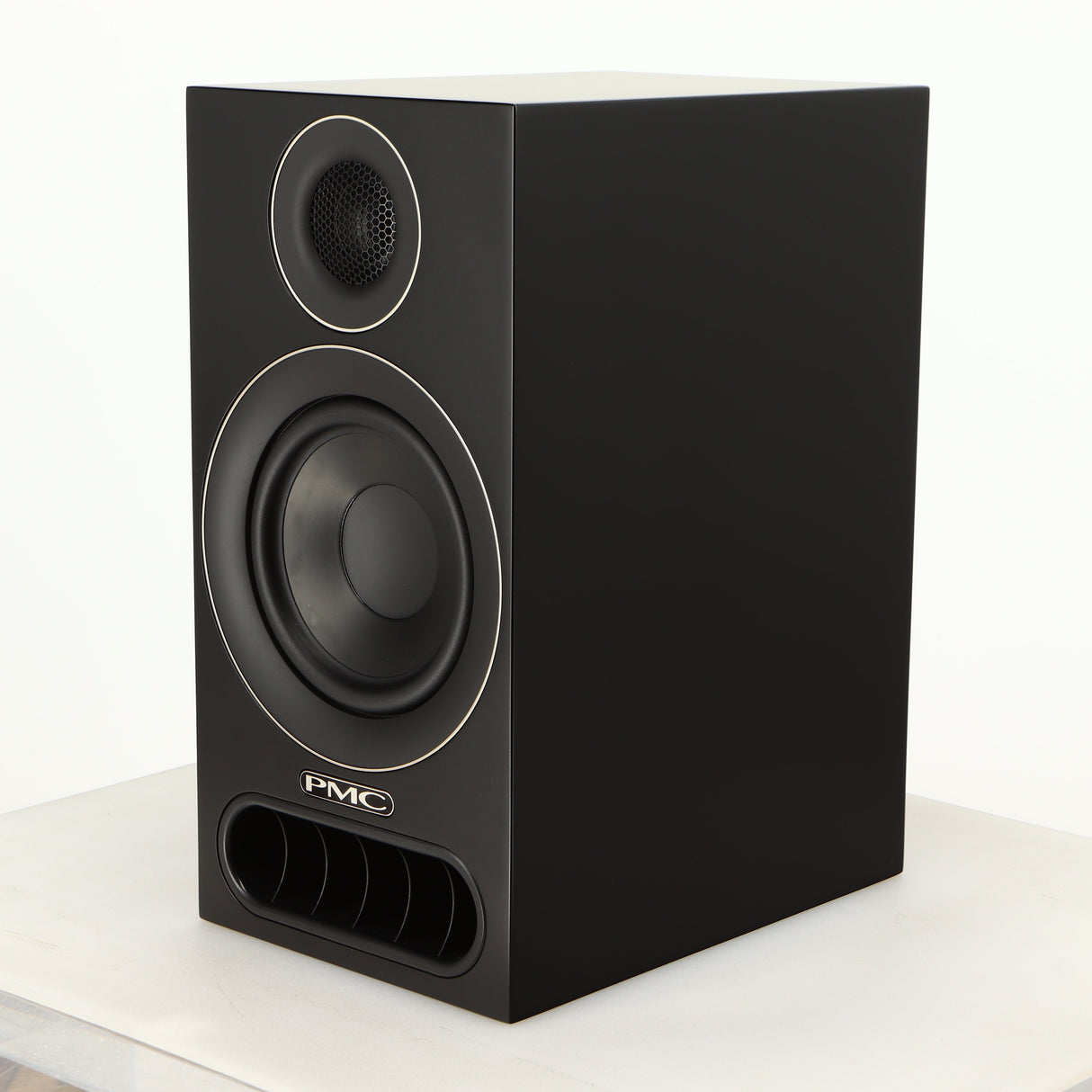 Front right corner of a used PMC Prodigy 1 Standmount Speaker in a black finish