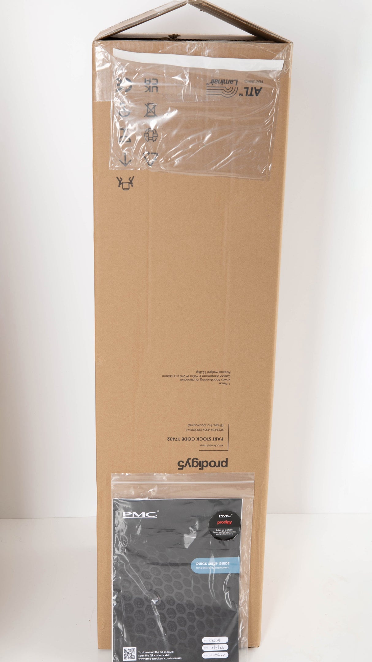 Box for a used PMC Prodigy5 Floorstanding Speaker in a Black finish showing Manual