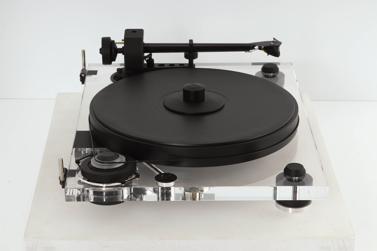 Side view of a used Pro-Ject 2 Xperience DC Acryl Turntable with Ortofon 2M Black Cartridge